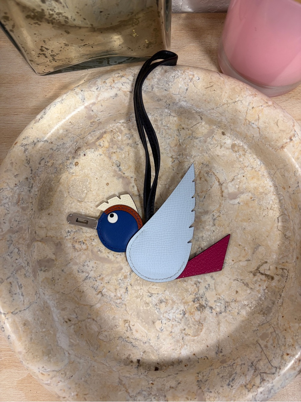 Hermes Birdie Bag Charm in Light Blue, Blue & Fuchsia